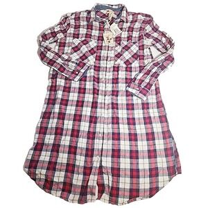 Poof! Clothing Flannel Shirt Dress Red Plaid Roll Tab Sleeves NWT Size‎ S